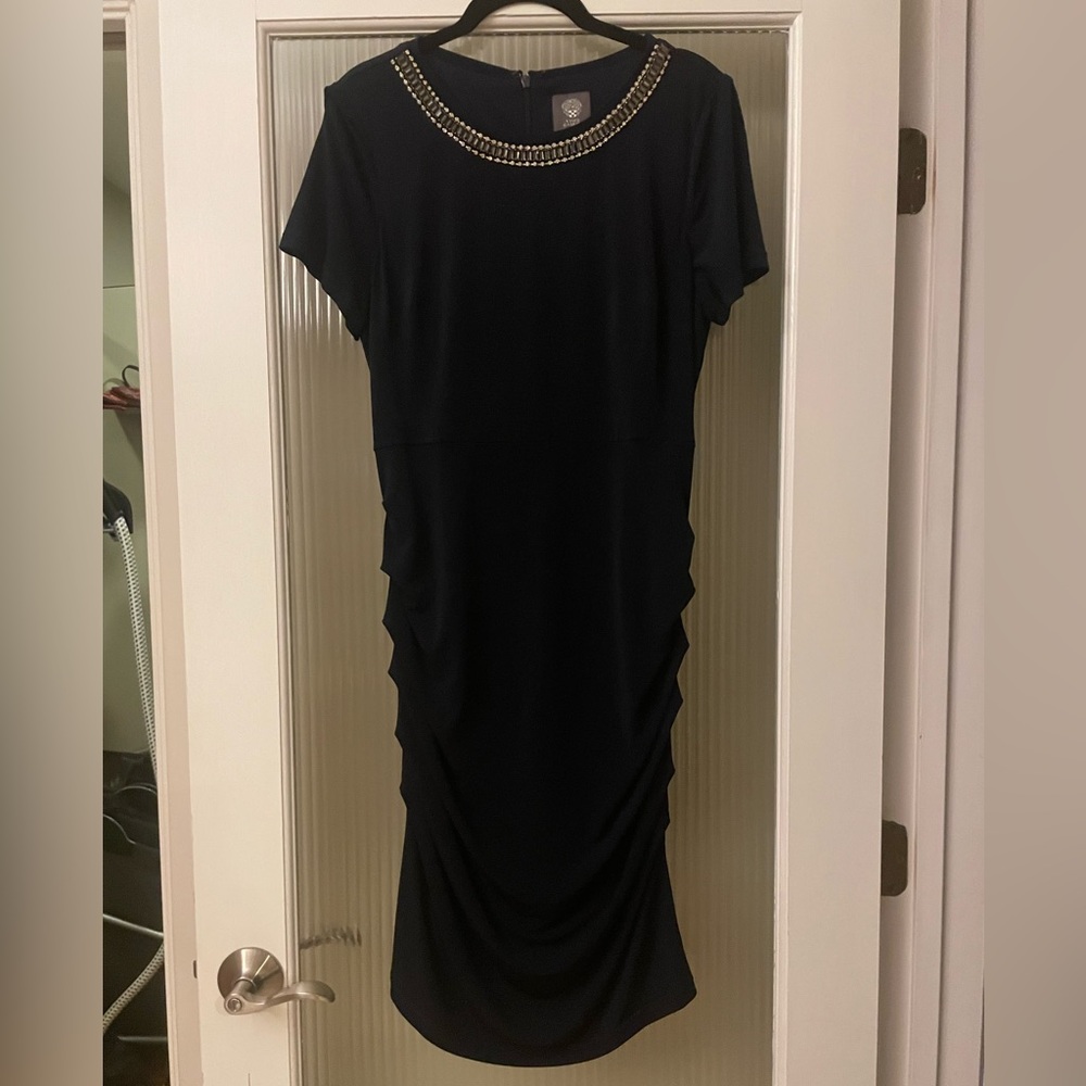 Vince Camuto Black Midi Dress with Beaded Neckline